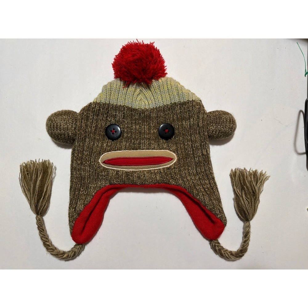 Sock Monkey Knit Beanie Hat Brown Marled Earflap Tassel Pom Pom Animal Kids Kids